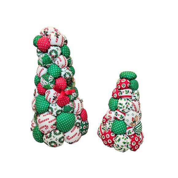Two Fabric Stuffed Christmas Trees Handmade Table Decoration Holiday Decor - Picture 1 of 16